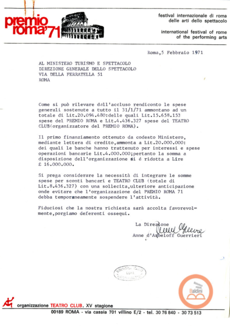 Premio Roma '70 - sovvenzioni ministeriali