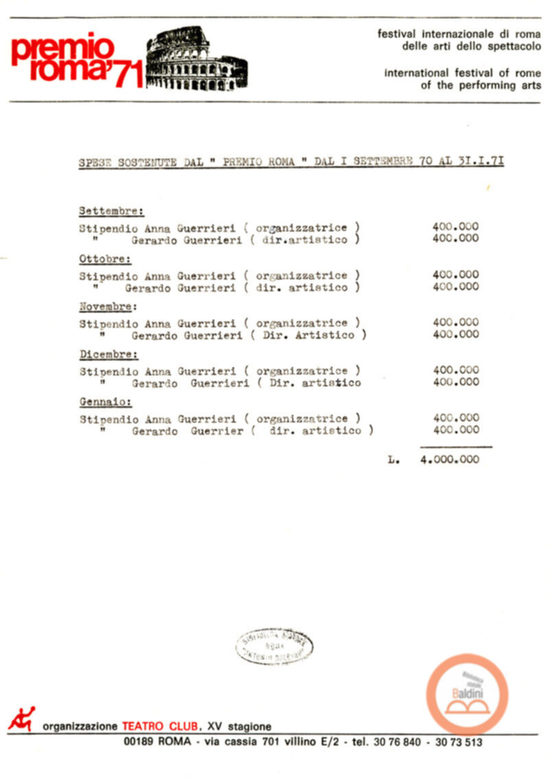 Premio Roma '70 - sovvenzioni ministeriali