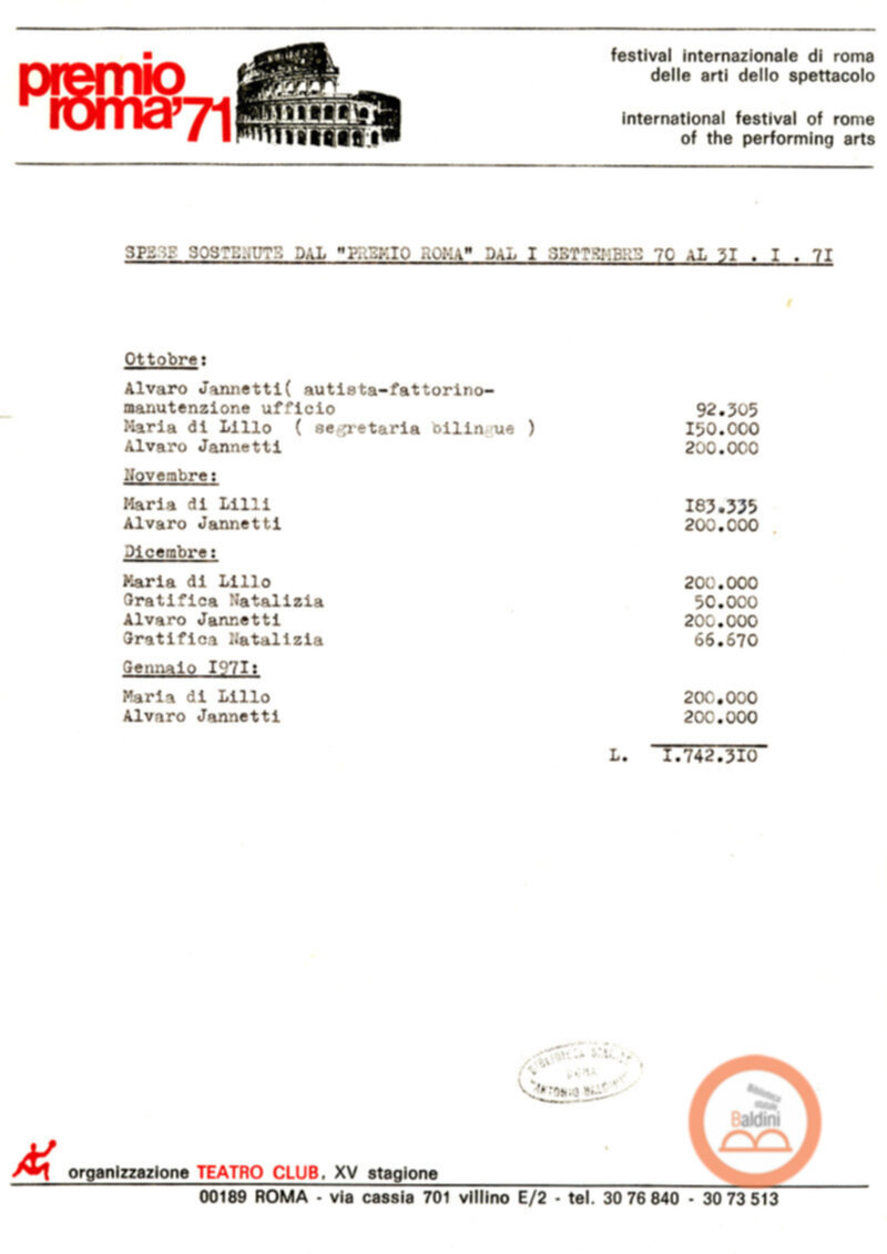 Premio Roma '70 - sovvenzioni ministeriali