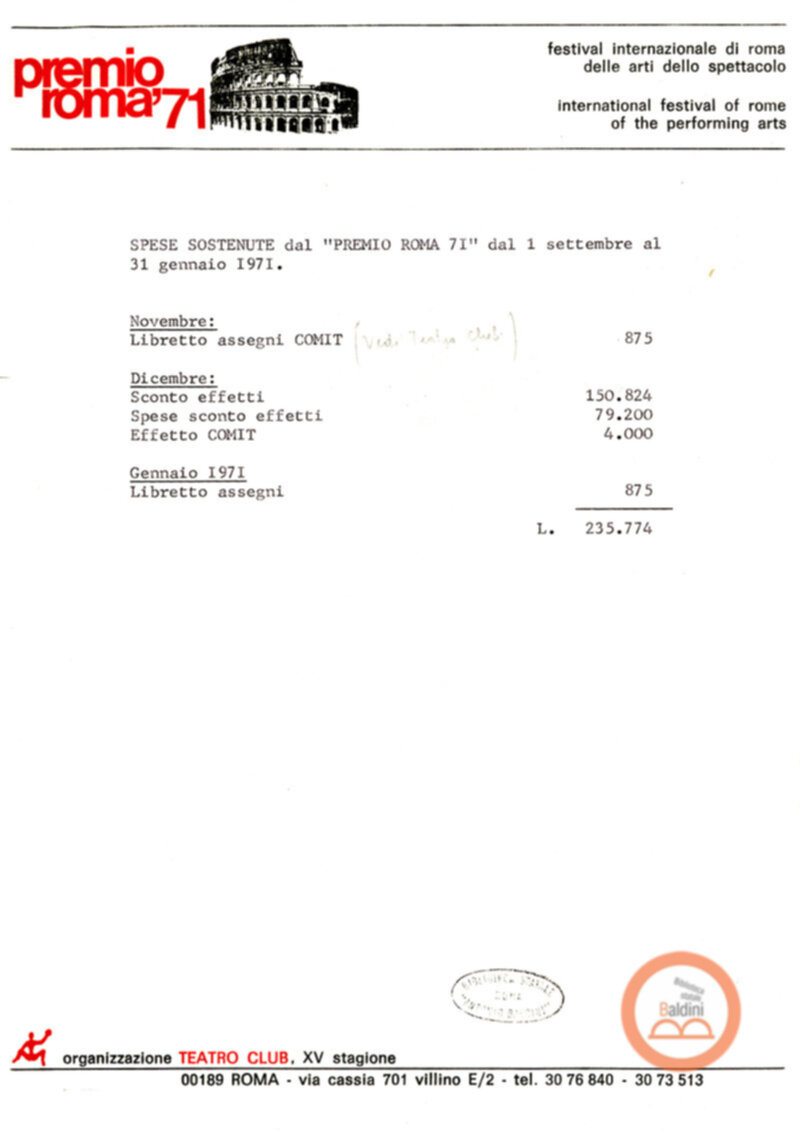 Premio Roma '70 - sovvenzioni ministeriali