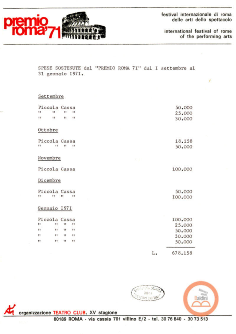 Premio Roma '70 - sovvenzioni ministeriali