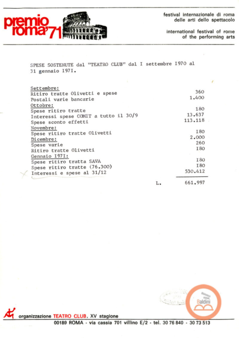 Premio Roma '70 - sovvenzioni ministeriali