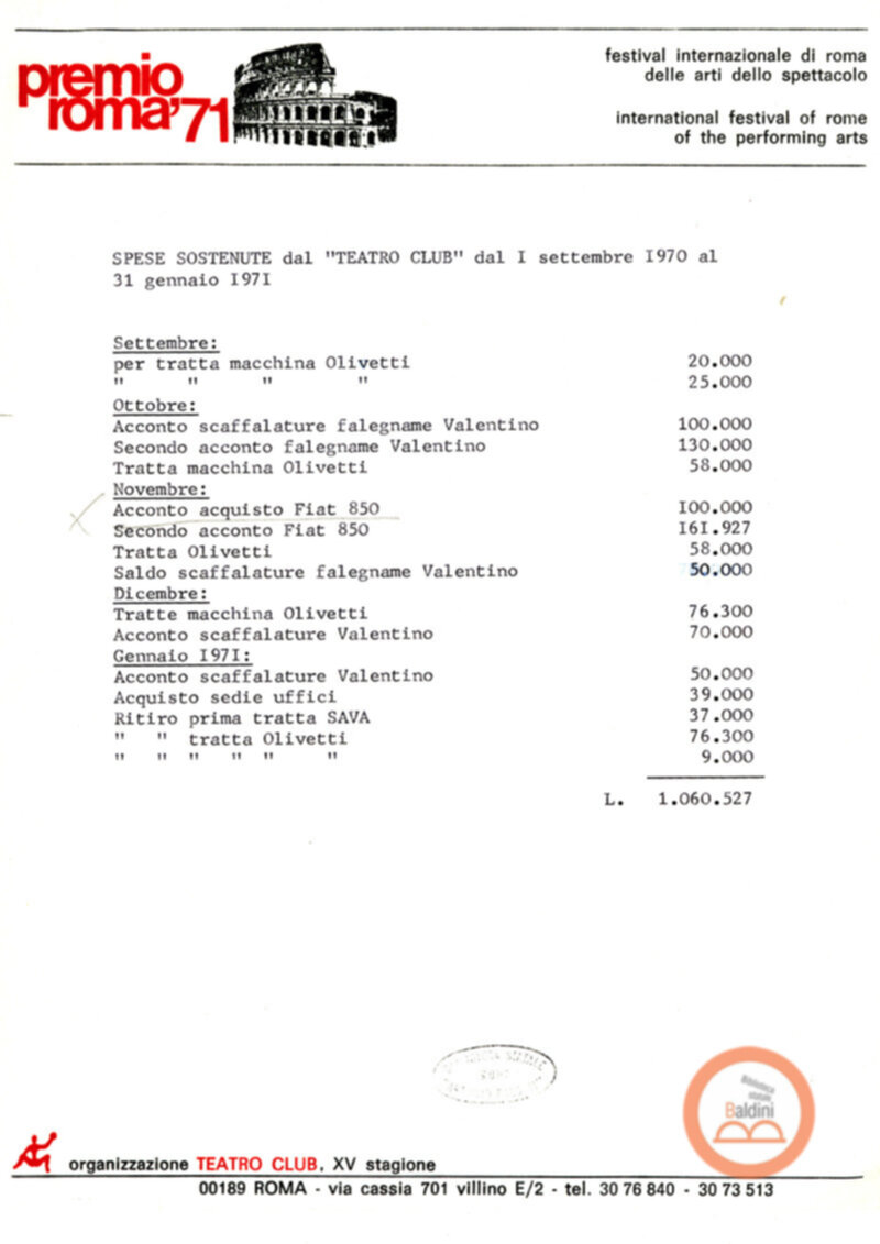 Premio Roma '70 - sovvenzioni ministeriali