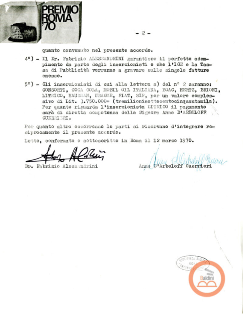Premio Roma '70 - contratti pubblicitari