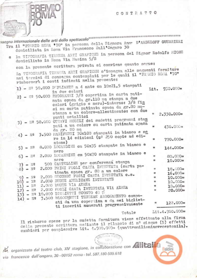 Premio Roma '70 - contratti pubblicitari