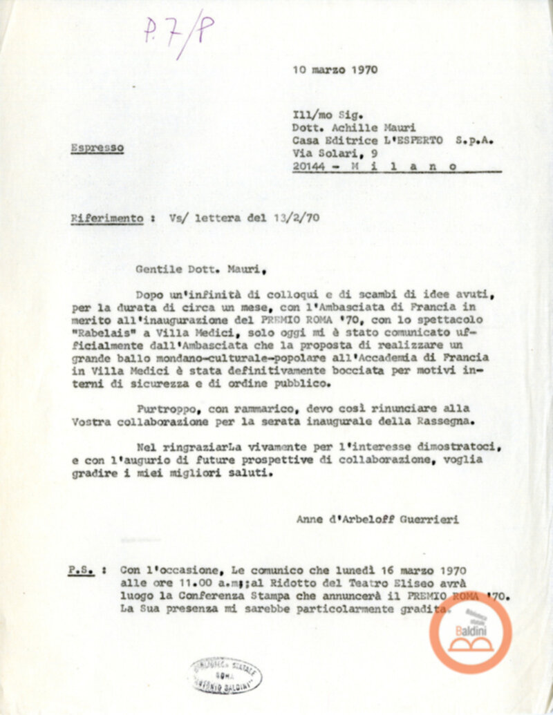 Premio Roma '70 - corripsondenza