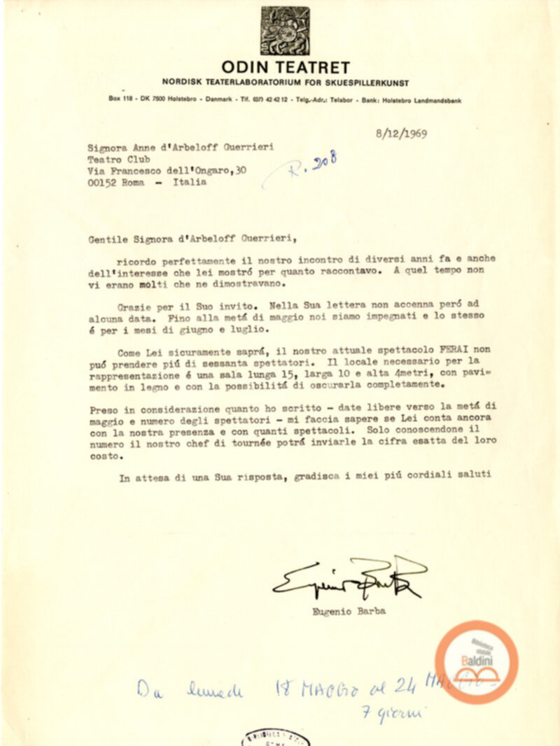 Premio Roma '70 - Corrispondenza con Eugenio Barba e Kim Jensen