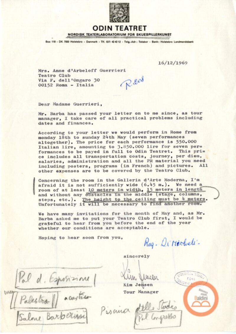 Premio Roma '70 - Corrispondenza con Eugenio Barba e Kim Jensen