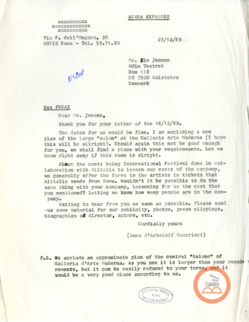 Premio Roma '70 - Corrispondenza con Eugenio Barba e Kim Jensen
