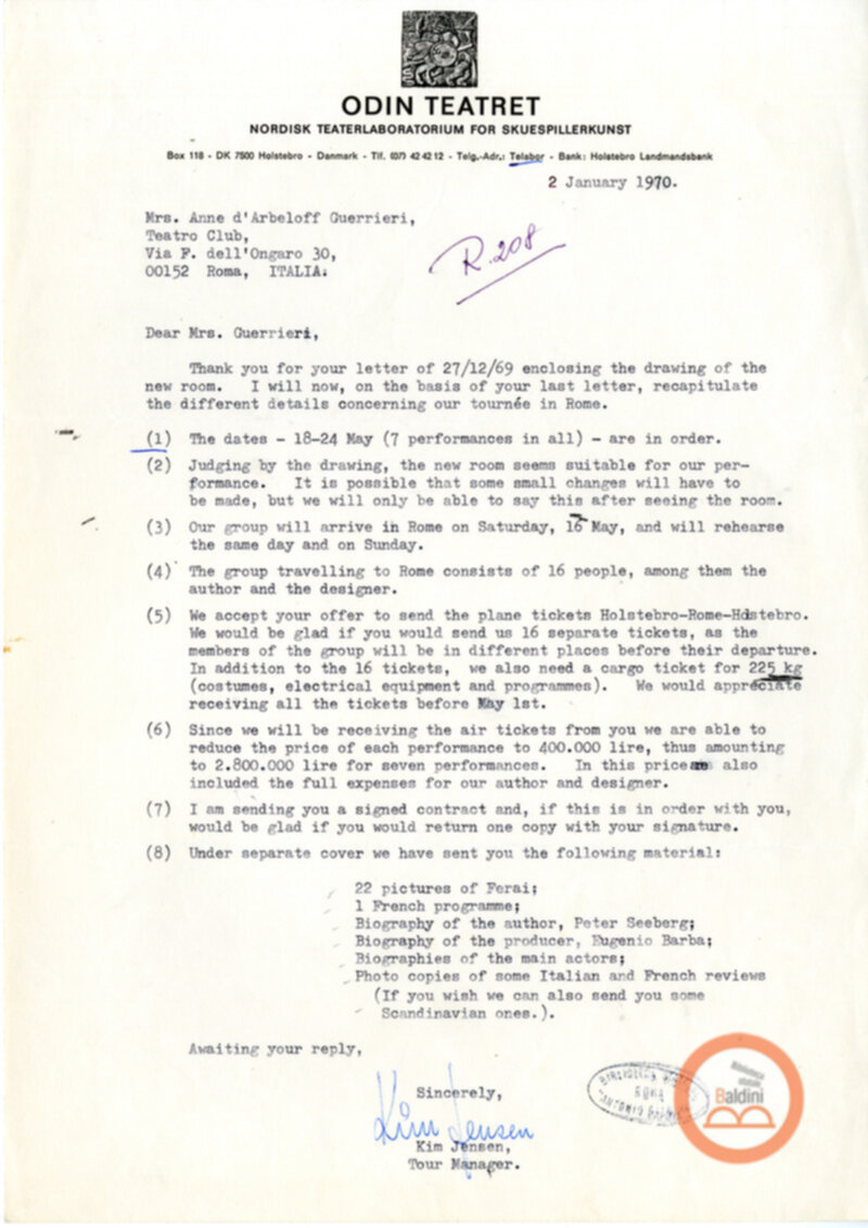 Premio Roma '70 - Corrispondenza con Eugenio Barba e Kim Jensen