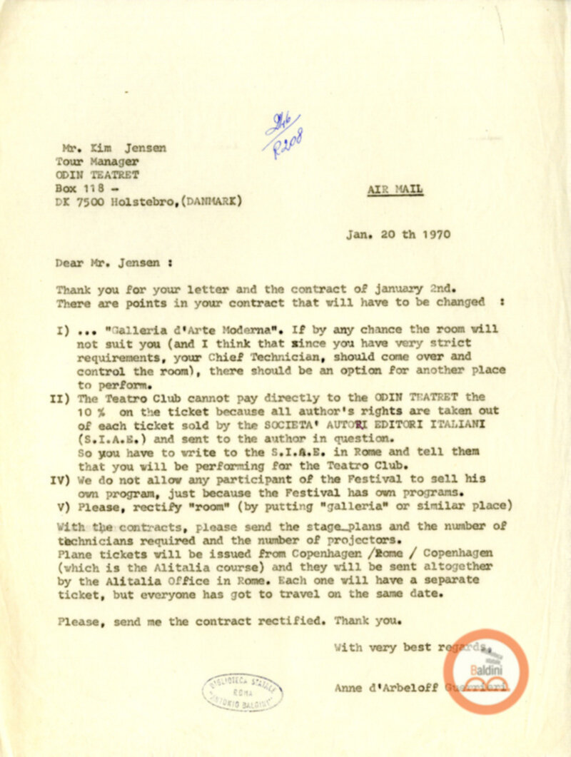 Premio Roma '70 - Corrispondenza con Eugenio Barba e Kim Jensen