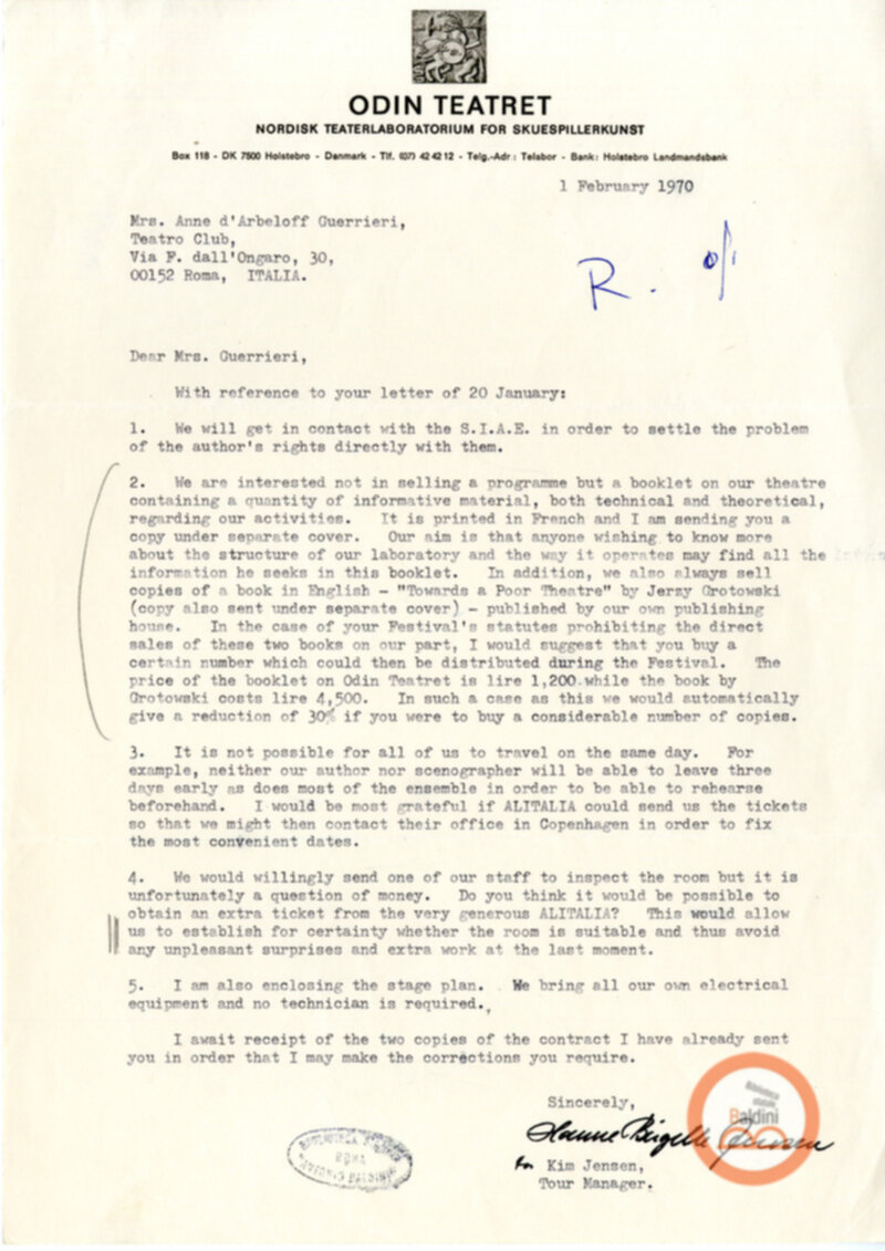 Premio Roma '70 - Corrispondenza con Eugenio Barba e Kim Jensen