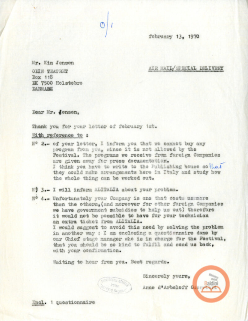 Premio Roma '70 - Corrispondenza con Eugenio Barba e Kim Jensen