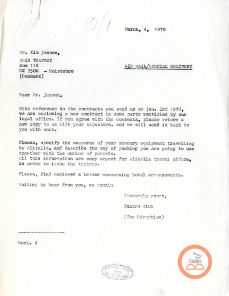 Premio Roma '70 - Corrispondenza con Eugenio Barba e Kim Jensen