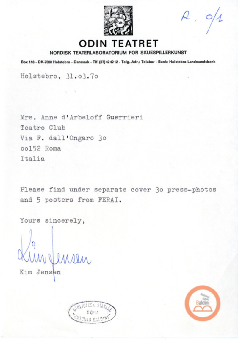 Eugenio Barba e Kim Jensen - corrispondenza