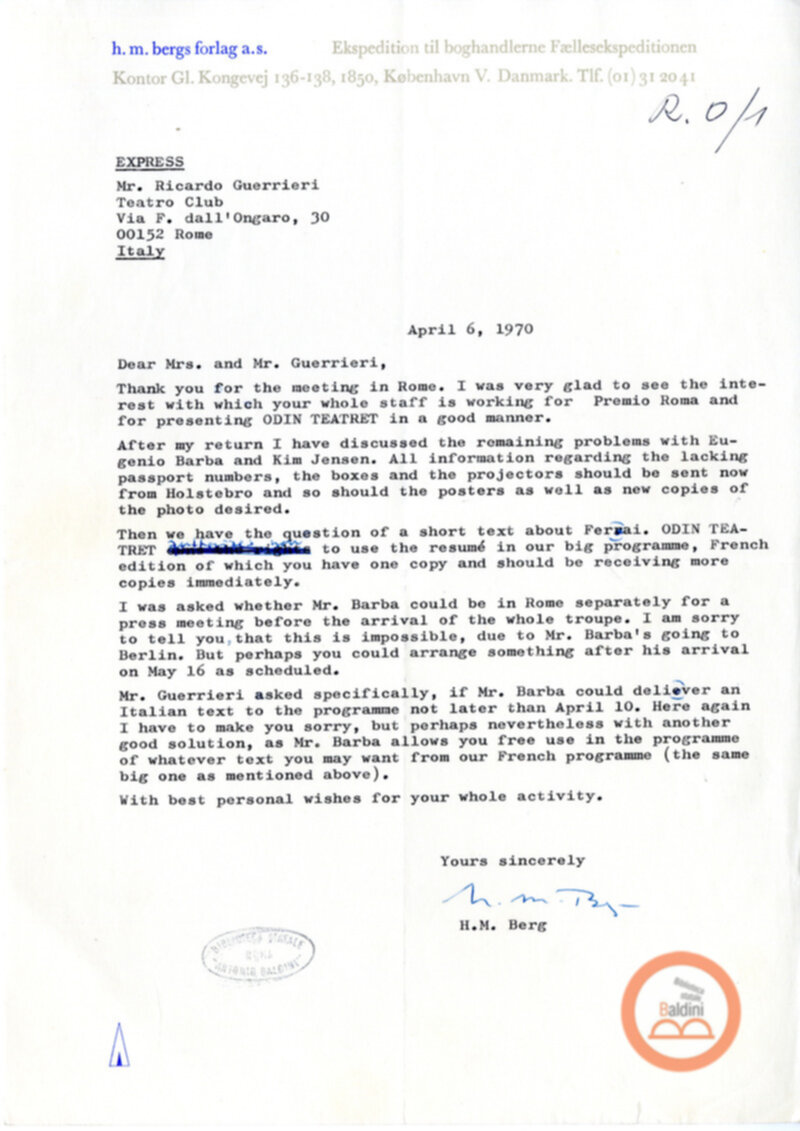 Eugenio Barba e Kim Jensen - corrispondenza