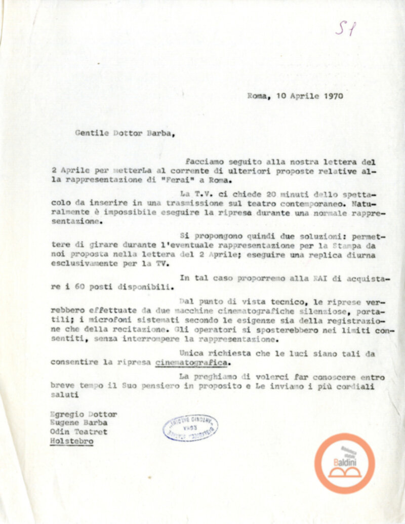 Eugenio Barba e Kim Jensen - corrispondenza