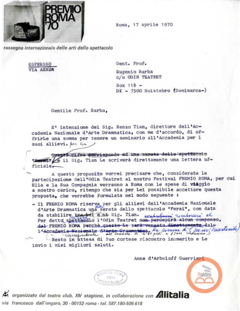 Eugenio Barba e Kim Jensen - corrispondenza