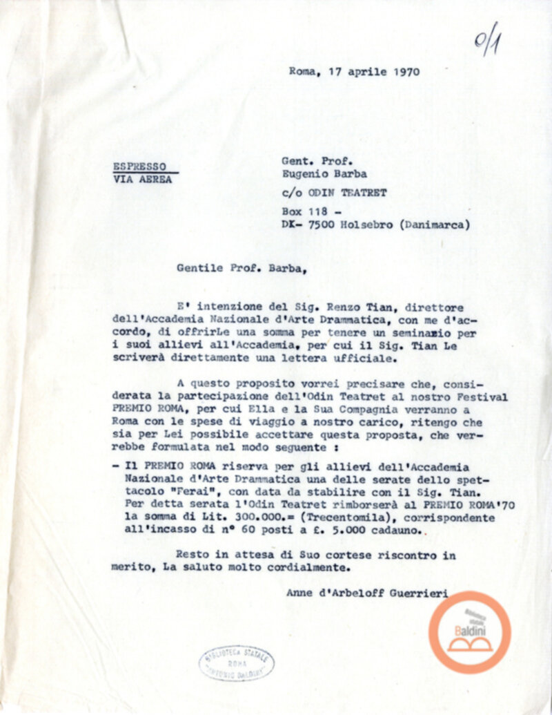 Eugenio Barba e Kim Jensen - corrispondenza