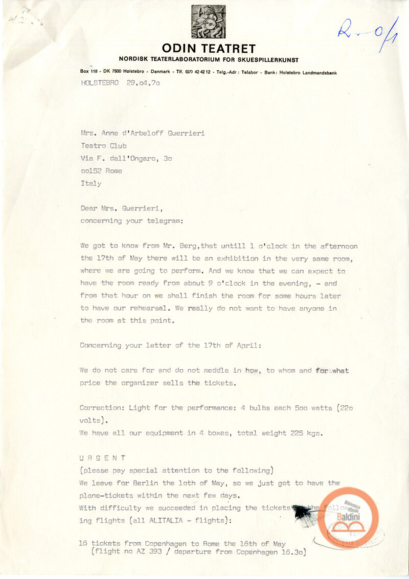 Eugenio Barba e Kim Jensen - corrispondenza