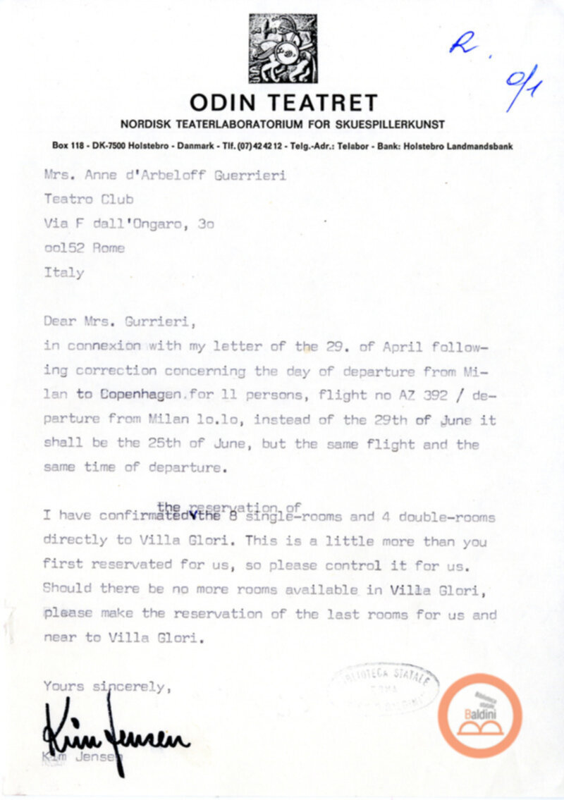 Eugenio Barba e Kim Jensen - corrispondenza