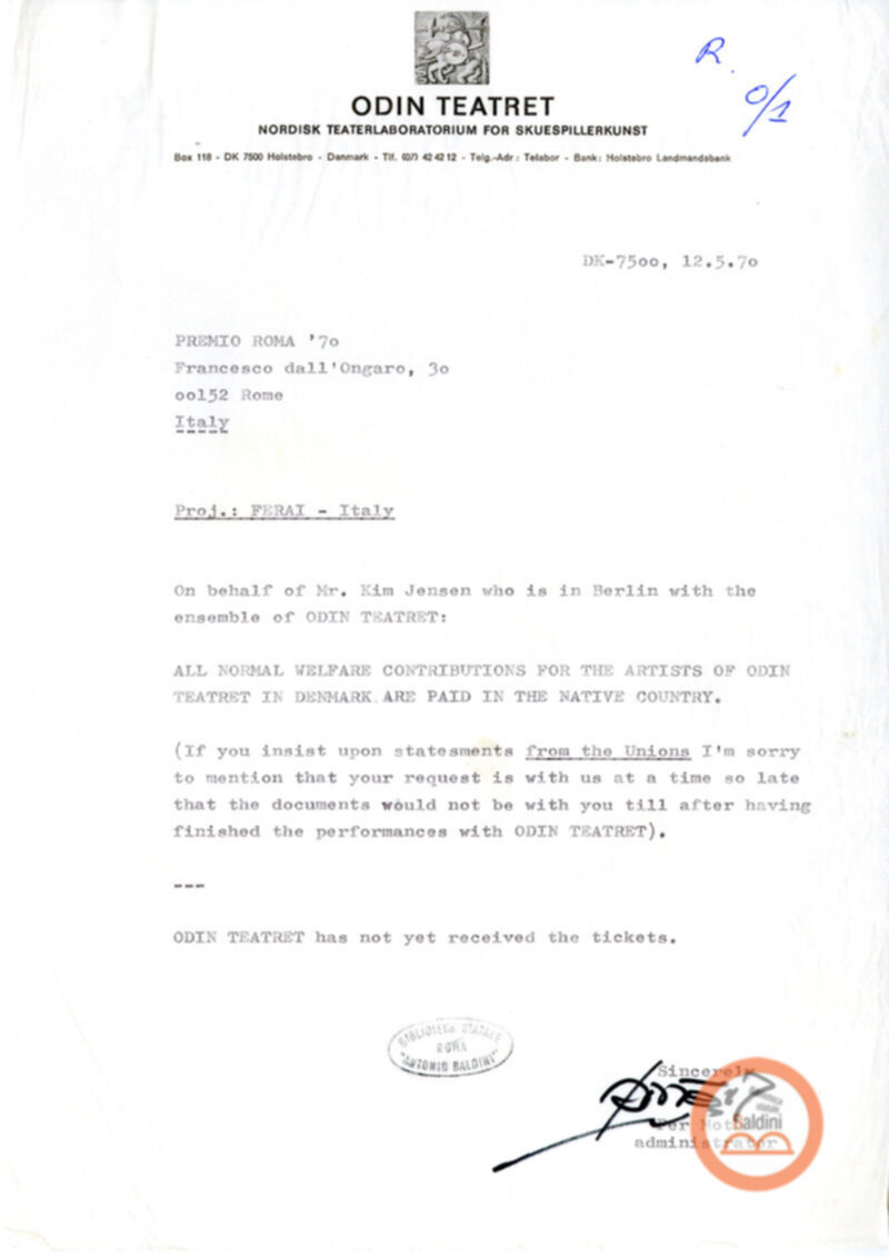 Eugenio Barba e Kim Jensen - corrispondenza