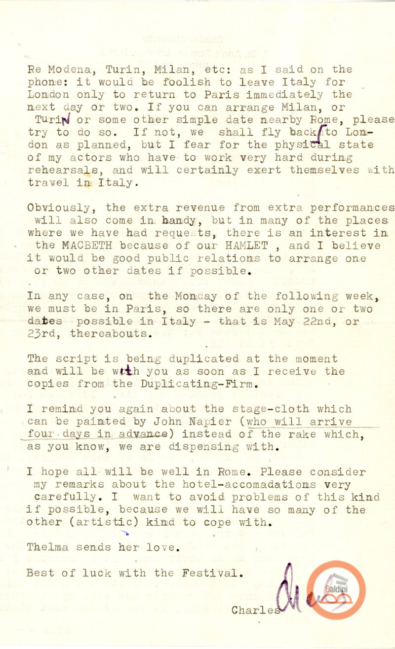 Spettacolo Macbeth - corrispondenza