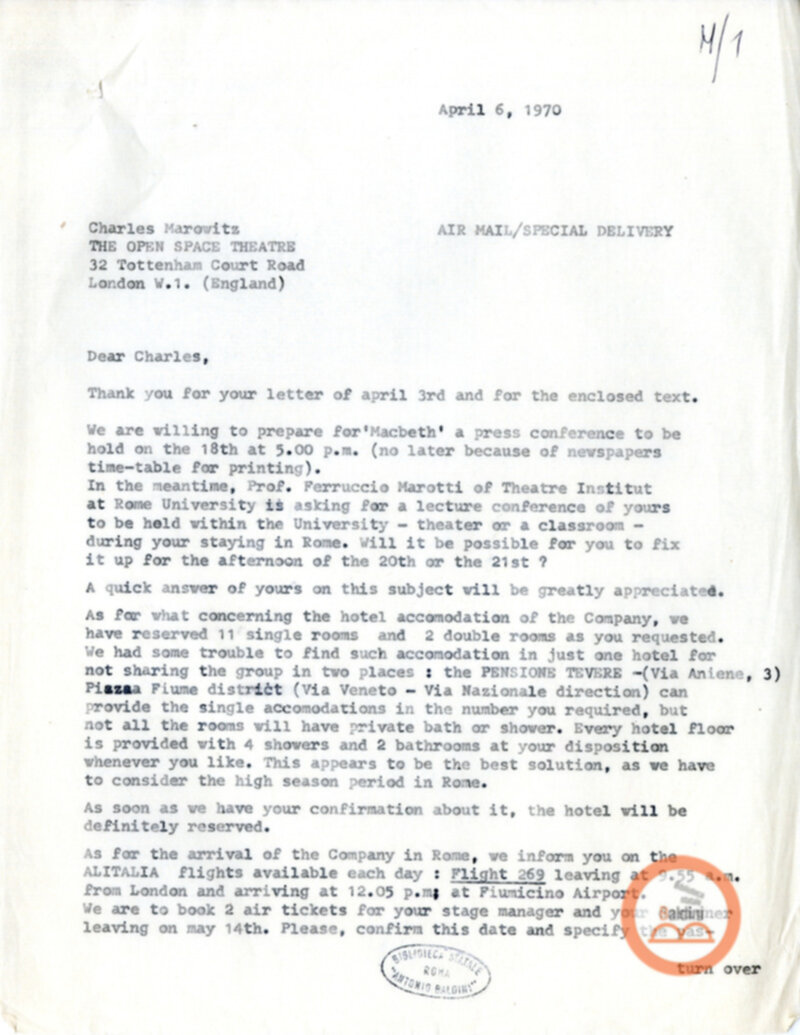 Spettacolo Macbeth - corrispondenza