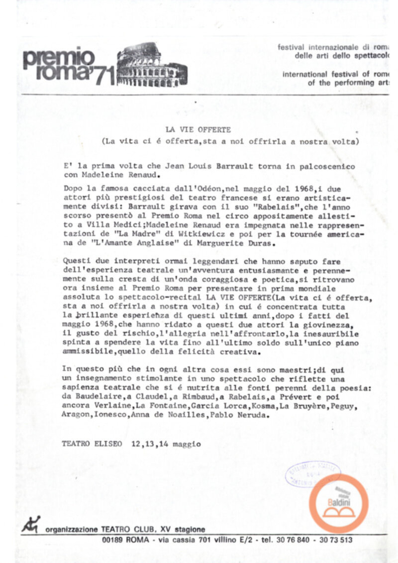 Premio Roma '71 - spettacolo La vie offerte