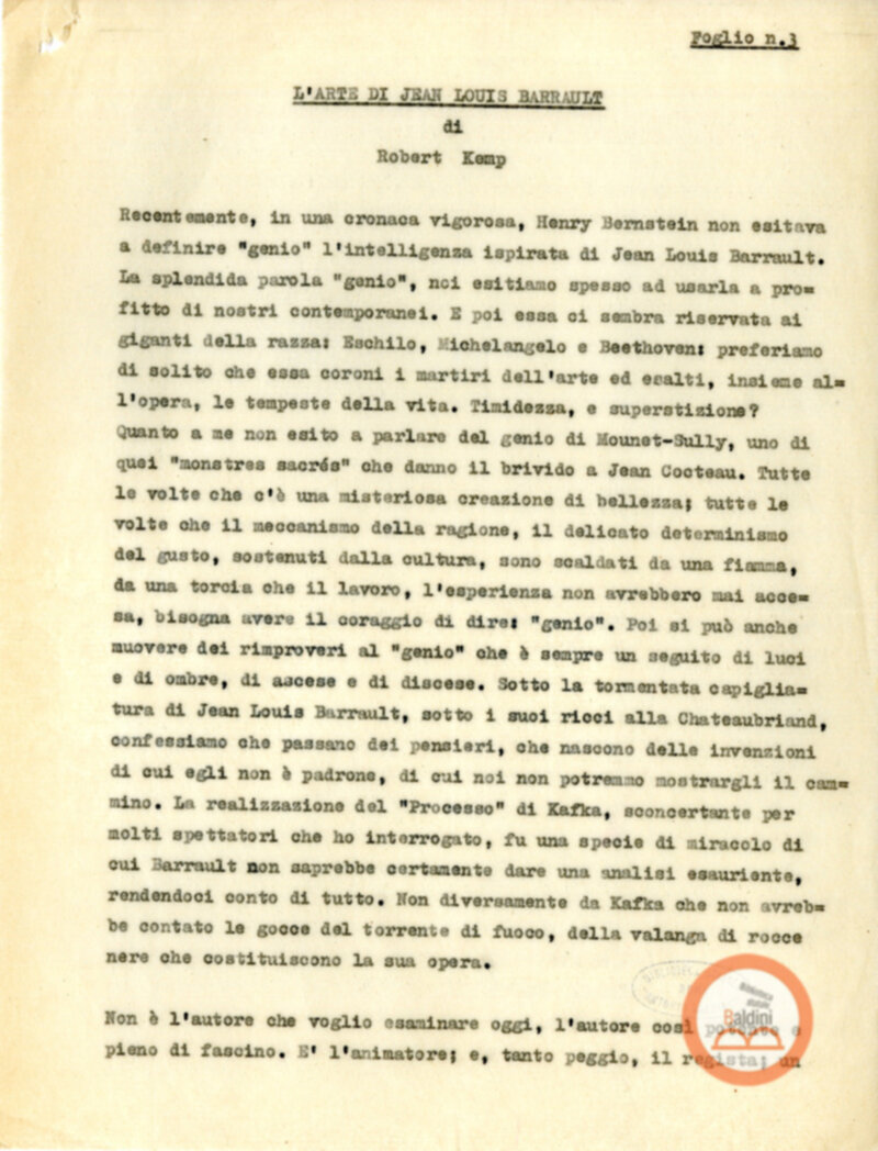 Compagnia Renaud Barrault - presentazioni degli artisti