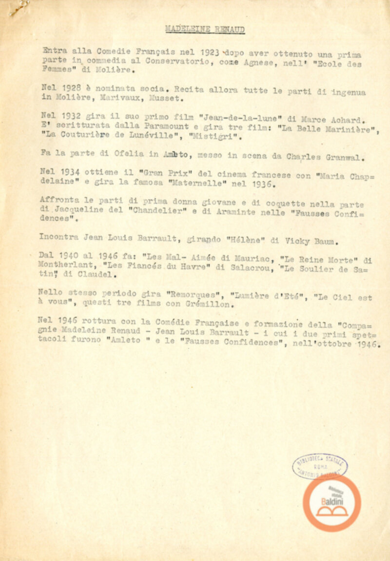 Compagnia Renaud Barrault - presentazioni degli artisti