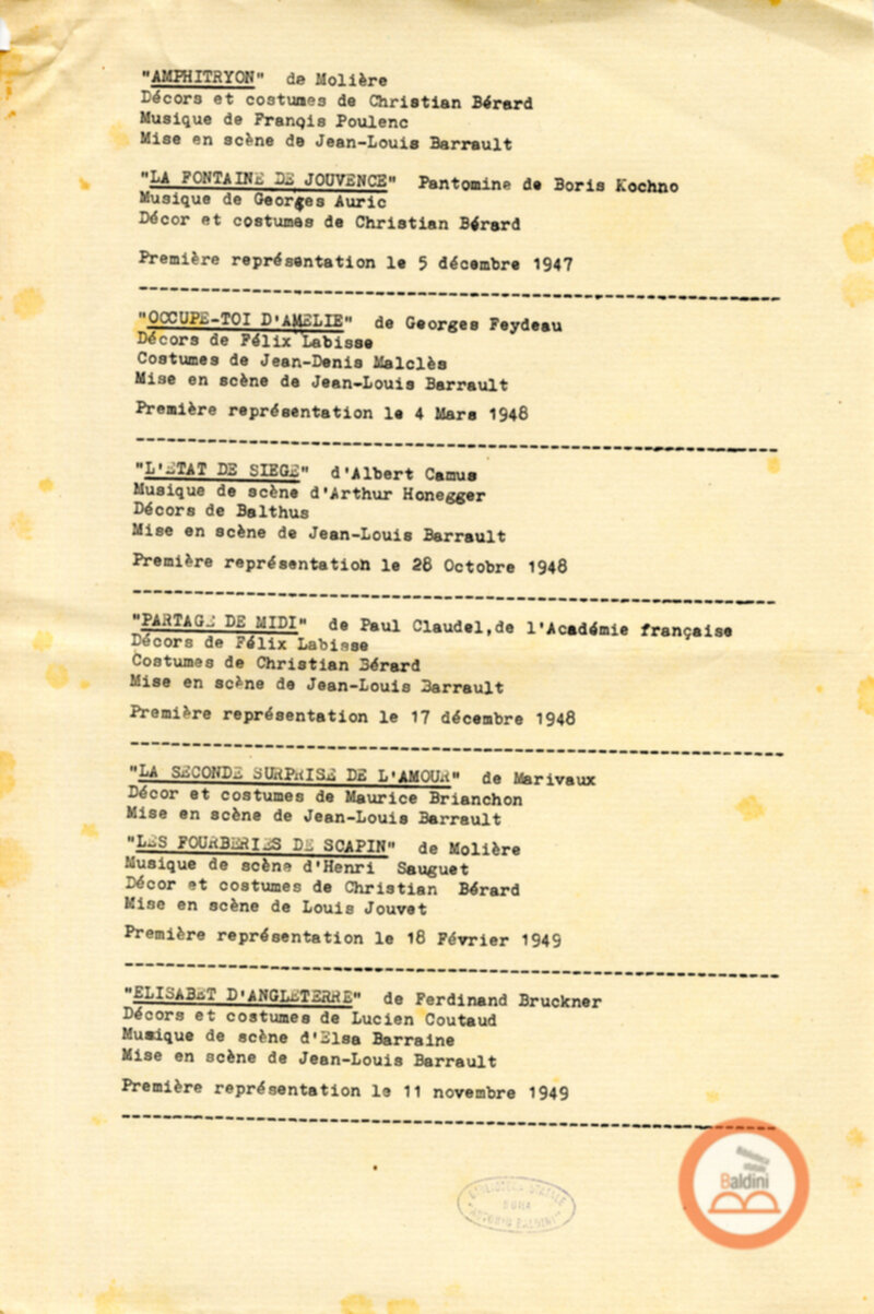 Compagnia Renaud Barrault - repertorio spettacoli