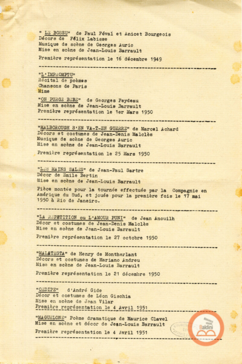 Compagnia Renaud Barrault - repertorio spettacoli
