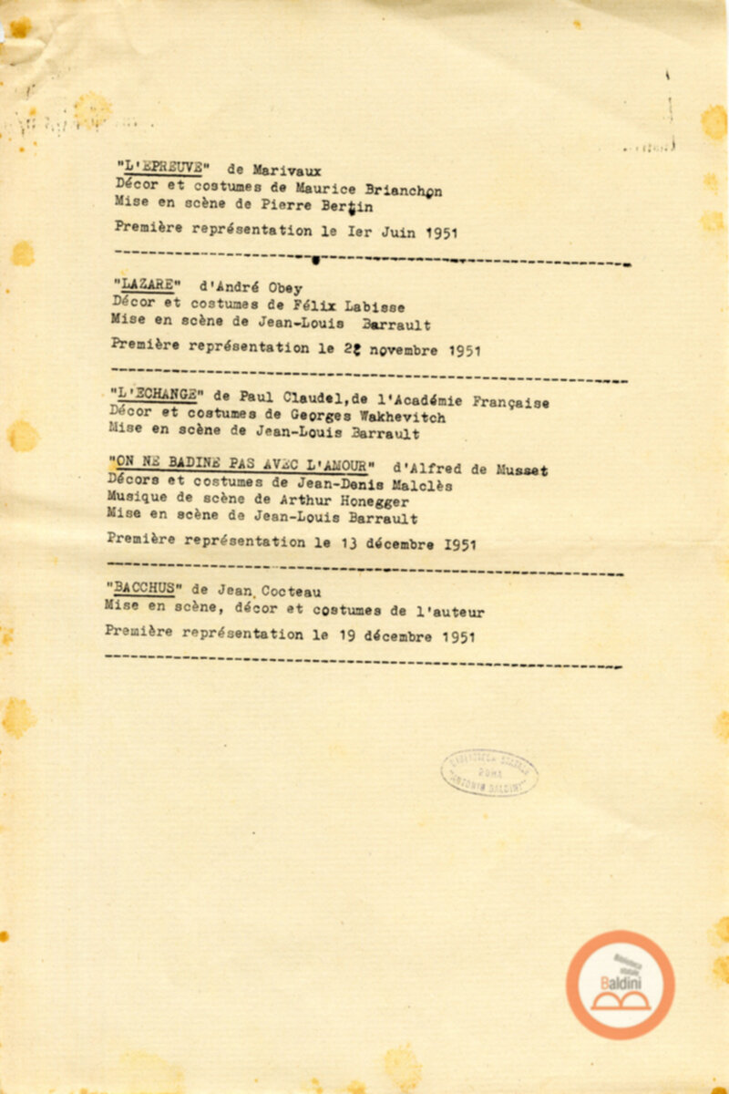 Compagnia Renaud Barrault - repertorio spettacoli