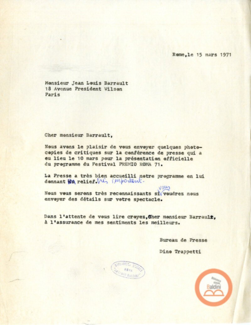 Corrispondenza con Renaud e Barrault