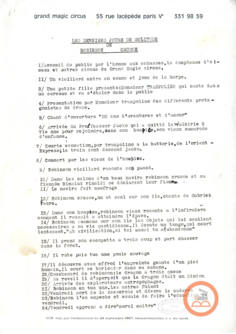 Gli ultimi giorni di solitudine di Robinson Crusoe - scaletta spettacolo