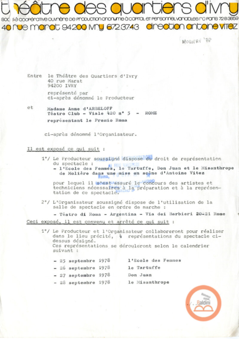 Compagnia del Théâtre des Quartiers d'Ivry - stipula contrattuale