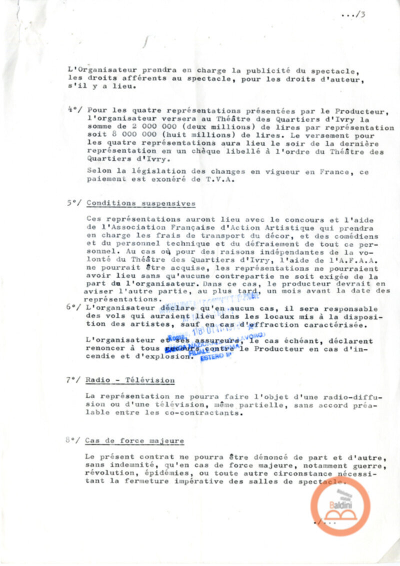 Compagnia del Théâtre des Quartiers d'Ivry - stipula contrattuale