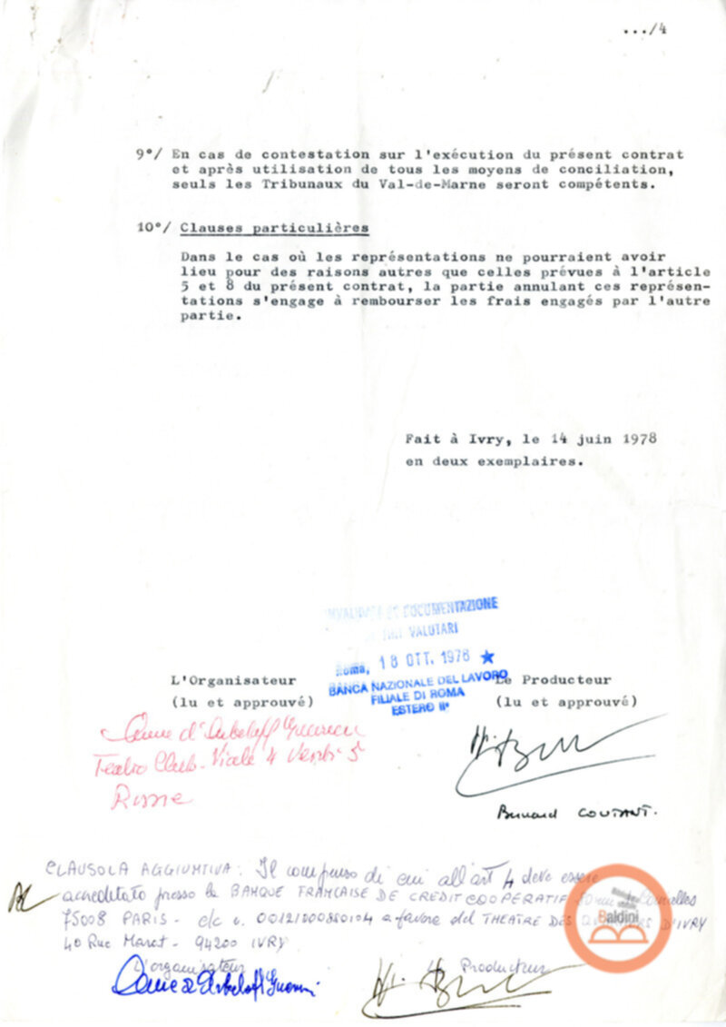 Compagnia del Théâtre des Quartiers d'Ivry - stipula contrattuale