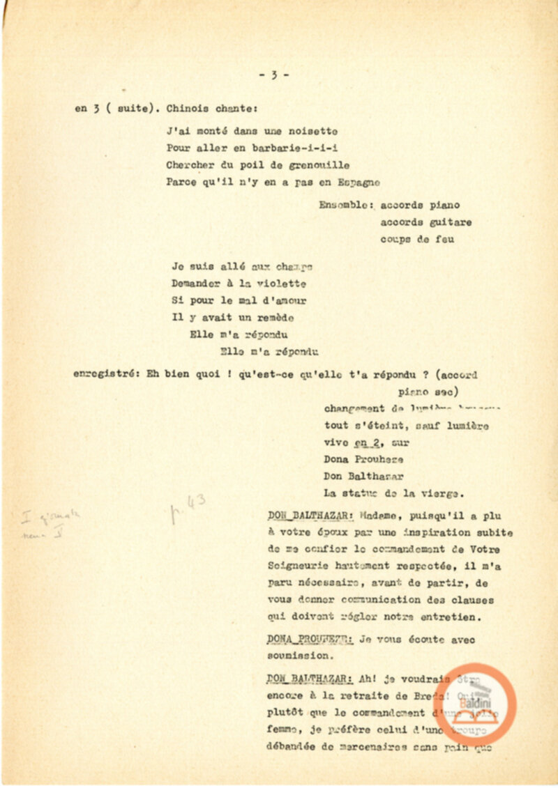 Copione dello spettacolo "Sous le vent des iles Baleares (Sotto il vento delle isole Baleari)" di Paul Claudel, messo in scena dalla Compagnia Renaud-Barrault.