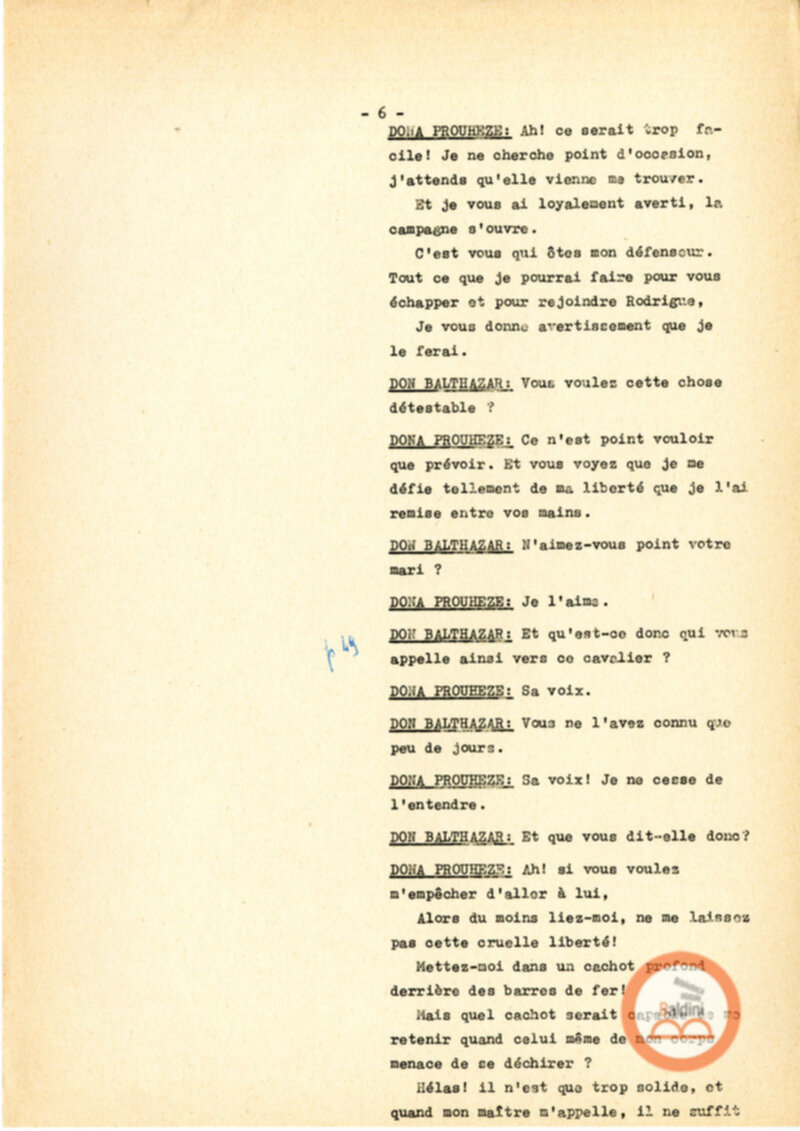 Copione dello spettacolo "Sous le vent des iles Baleares (Sotto il vento delle isole Baleari)" di Paul Claudel, messo in scena dalla Compagnia Renaud-Barrault.