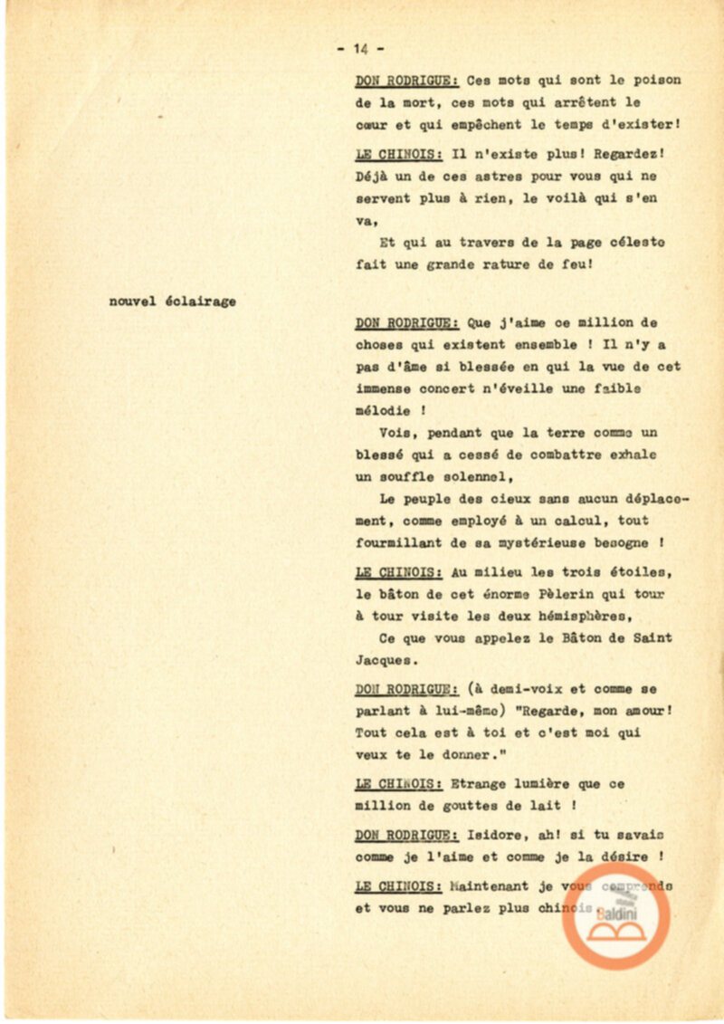 Copione dello spettacolo "Sous le vent des iles Baleares (Sotto il vento delle isole Baleari)" di Paul Claudel, messo in scena dalla Compagnia Renaud-Barrault.