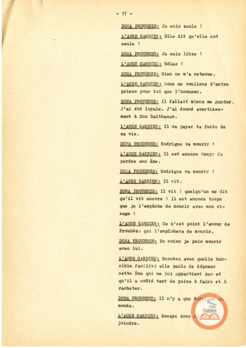 Copione dello spettacolo "Sous le vent des iles Baleares (Sotto il vento delle isole Baleari)" di Paul Claudel, messo in scena dalla Compagnia Renaud-Barrault.