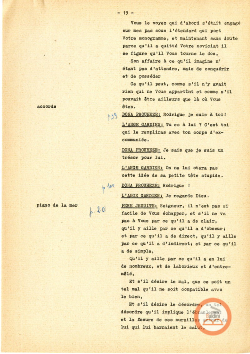 Copione dello spettacolo "Sous le vent des iles Baleares (Sotto il vento delle isole Baleari)" di Paul Claudel, messo in scena dalla Compagnia Renaud-Barrault.