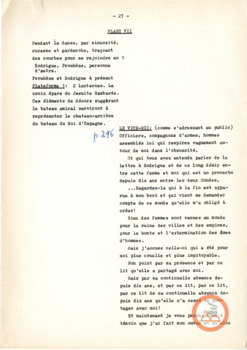 Copione dello spettacolo "Sous le vent des iles Baleares (Sotto il vento delle isole Baleari)" di Paul Claudel, messo in scena dalla Compagnia Renaud-Barrault.