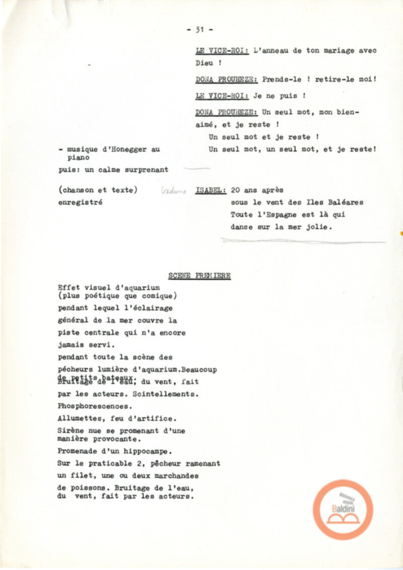 Copione dello spettacolo "Sous le vent des iles Baleares (Sotto il vento delle isole Baleari)" di Paul Claudel, messo in scena dalla Compagnia Renaud-Barrault.