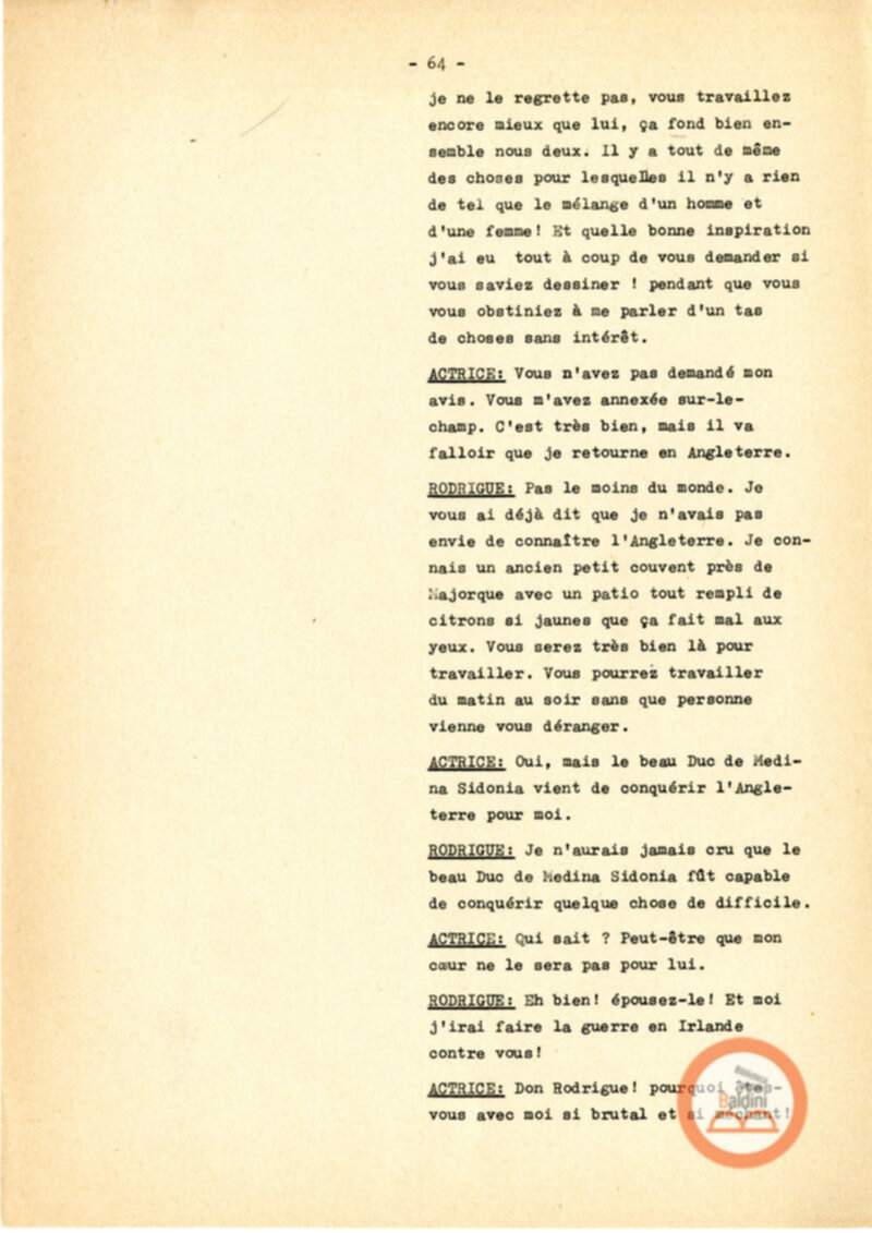 Copione dello spettacolo "Sous le vent des iles Baleares (Sotto il vento delle isole Baleari)" di Paul Claudel, messo in scena dalla Compagnia Renaud-Barrault.